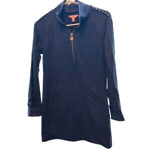 Lilly Pulitzer Dress Womens XS Navy Half Zip Popover Crochet Sleeve Trim Tunic